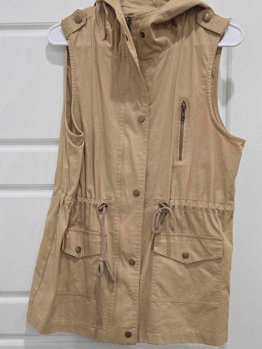 Zenana Outfitters Hooded Drawstring Utility Vest - Tan
